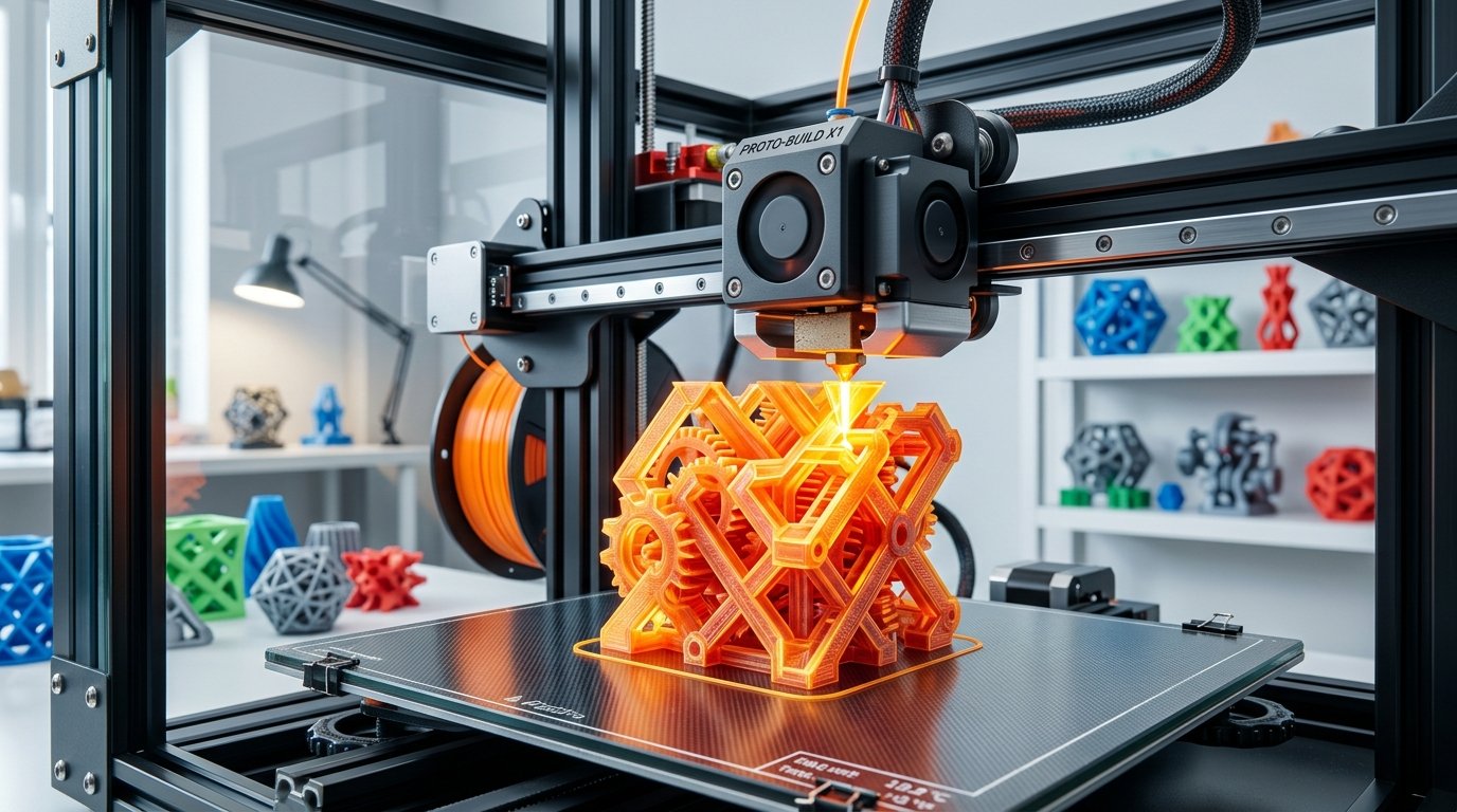 Precision 3D printer building mechanical prototype in modern workshop
