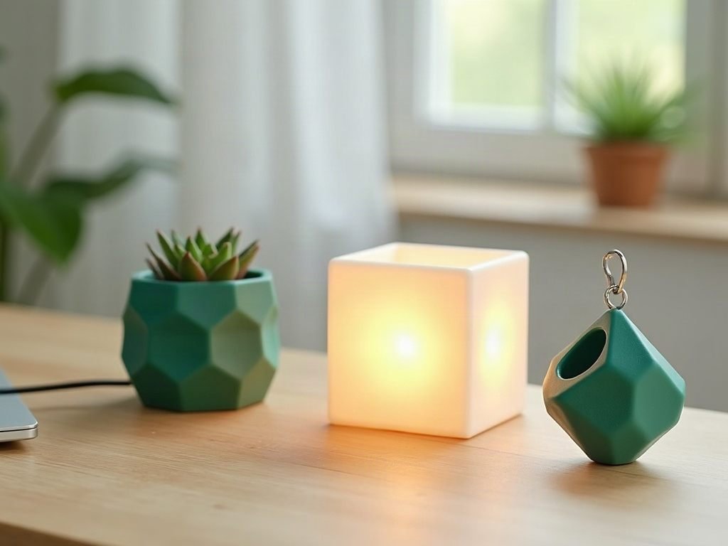 3D printed low-poly planter, glowing lithophane cube lamp and geometric pendant on an oak desk
